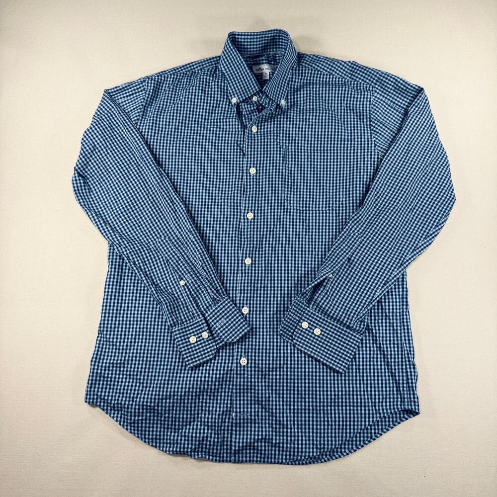 Men's Peter Millar Crown Soft Blue Gingham Stretch Cotton Silk Sport Shirt M